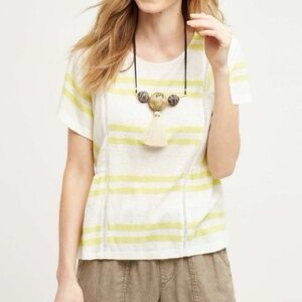 Anthropologie Postmark Womens Linen Cotton Flutter Top White Lime Green Striped